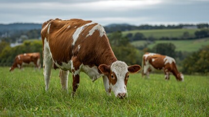 Naklejka premium Cows graze in a green field under cloudy skies in the countryside at midday in late summer