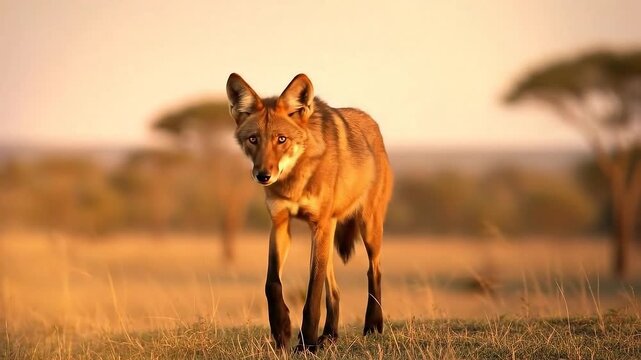 Cinematic sequence of a fox walking in golden hour savannah.