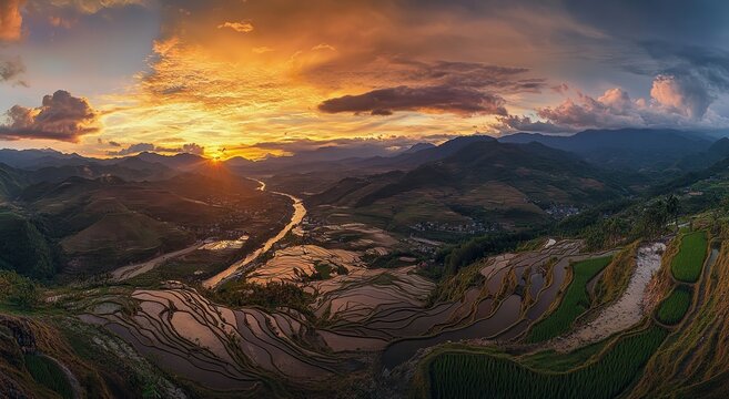 Aerial view of terraced rice fields at sunset, surrounded by mountains and a winding river in a rural landscape. - Powered by Adobe