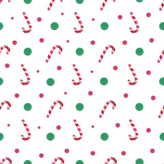 Seamless watercolor Christmas pattern with striped candy canes