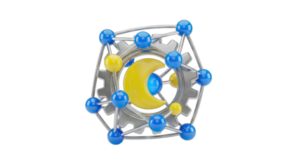 Abstract Molecular Structure with Gear and Crescent Moon on White