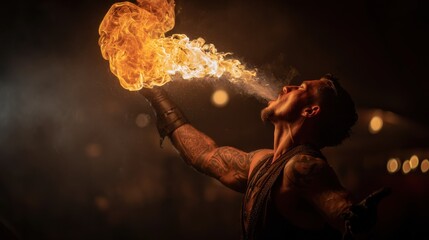 Fire performer shows skill by breathing flames at night event in city market with crowd in the background