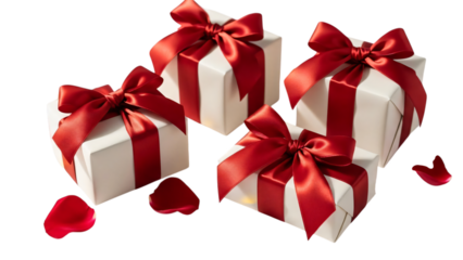 Beautiful white gift boxes with red ribbons and rose petals