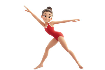 Obraz premium 3D illustration of a cute little female gymnast wearing a red gymnastic suit posing, on a transparent background
