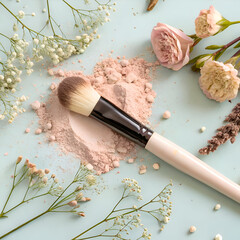 Makeup cosmetic products color background flat lay top view.woman beauty fashion decorative. Set of decorative cosmetics with makeup brushes on colorful background