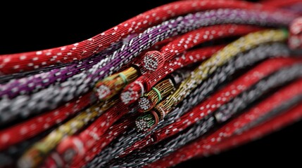 Colorful wires are arranged in a tangled manner with various patterns and textures on a dark background during a close-up view
