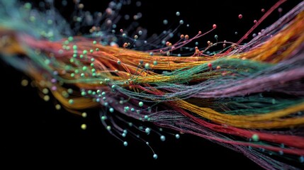 Colorful strands with tiny beads float in the air creating an abstract design against a black background in a studio setting