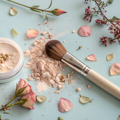 Makeup cosmetic products color background flat lay top view.woman beauty fashion decorative. Set of decorative cosmetics with makeup brushes on colorful background