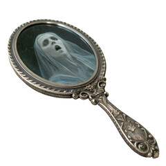 haunted antique hand mirror with a ghost s face on transparent background