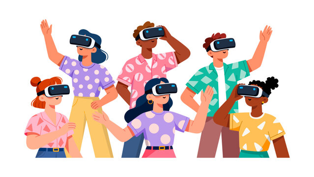 A group of people wearing virtual reality headsets interact and explore a digital world. Simple cartoon flat illustration