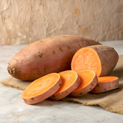 Close up of Vibrant Orange Sweet Potatoes on Display on transparent background