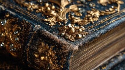 Old book with detailed cover design and decorative elements displayed on a wooden surface in a cozy room setting
