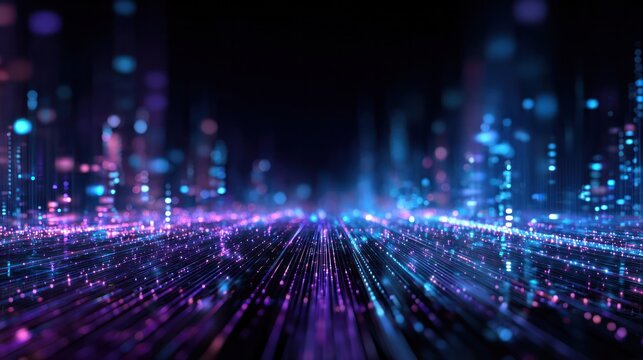 Abstract Digital City: Futuristic city design composed of digital information streams. The image symbolizes a modern and dynamic technological landscape.