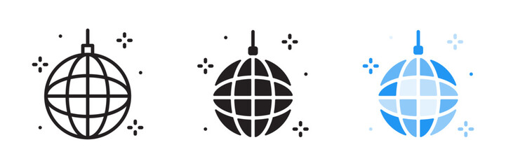Disco ball icons. Glitter ball icon set. Black and blue color. Holiday, party, Birthday, Christmas, celebration element concept. Sphere sign, symbol. Vector illustration. Editable stroke. Flat design.