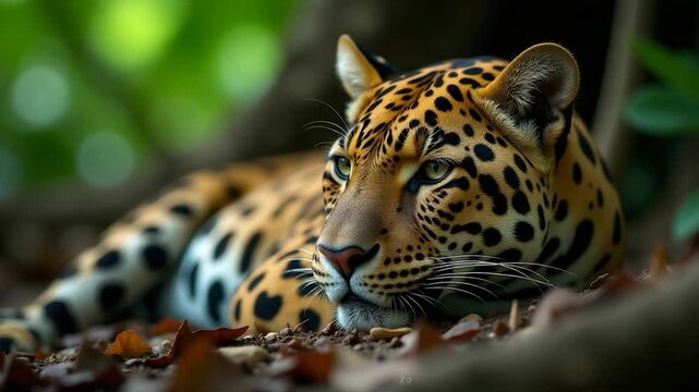 Video Close-up view of a leopard resting on the ground, highlighting its fur and facial features