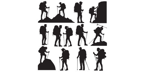 Silhouette of hiker. Collection of male and female hiker. mountaineer climber hiker people, vector silhouette collection. hiking man and woman with rucksack silhouette. Backpacker and climber people.