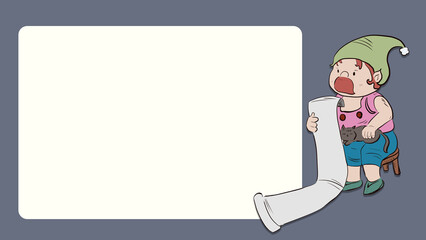 cartoon-style festive  a gnome or elf character sitting and holding a long scroll or checklist next to a empty light beige text box. The overall background is a dark blue-gray/slate