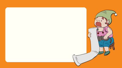 cartoon-style festive  a gnome or elf character sitting and holding a long scroll or checklist next to a empty light beige text box. The overall background is a orange 