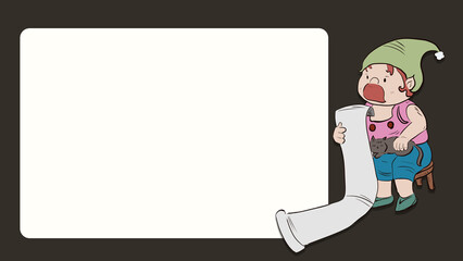 cartoon-style festive  a gnome or elf character sitting and holding a long scroll or checklist next to a empty light beige text box. The overall background is a dark brown