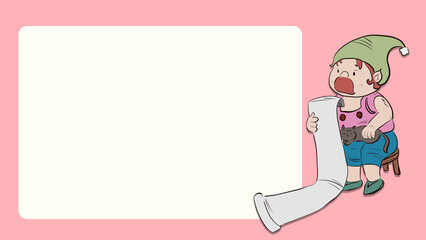 cartoon-style festive  a gnome or elf character sitting and holding a long scroll or checklist next to a empty light beige text box. The overall background is a soft pink
