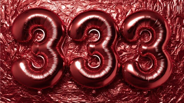 Three red balloons with the number 333 stand on shiny red foil in a celebration setting during late afternoon