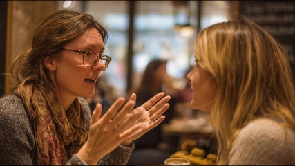 Young couple enjoying friendly conversation over coffee in cozy café