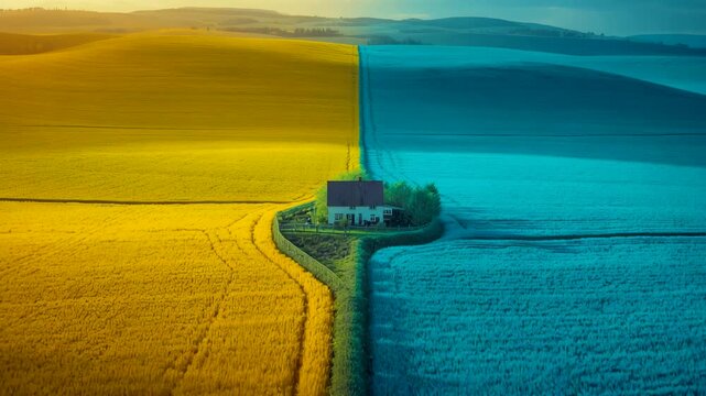Color divided agricultural fields with yellow and blue crops separated by curved boundary line