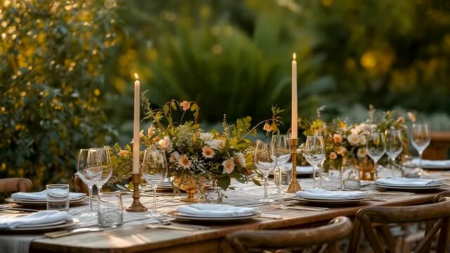Outdoor dining table setup with plates, glassware, candles, and floral decorations in garden setting