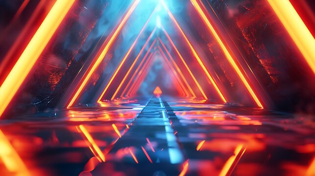 Neon geometric triangle tunnel effect glowing in 3d - Powered by Adobe
