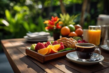 Outdoor breakfast setup with fruit coffee and natural light