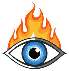 An eye with vibrant orange and yellow flames burning above it symbolizing intense passion vision or burning insight
