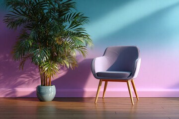 Pastel gradient wall with chair and plant stock images