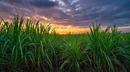 Obraz premium A sugarcane field shows tall green plants reaching for the sky. The sun sets behind the clouds casting warm colors across the landscape. Time is evening in a rural area.