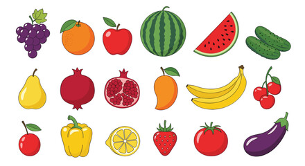 A vibrant collection of fresh and healthy fruits and vegetables, including grapes, watermelon, apples, and peppers, isolated on a white background.
