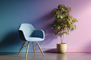 Pastel gradient wall with chair and plant stock images