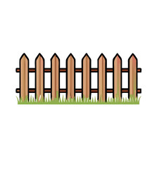 Wooden fence and grass isolated on white background, vector icon Illustration