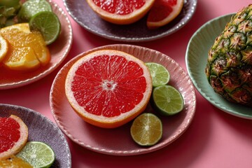 Topdown view of tropical fruit slices on pastel plates