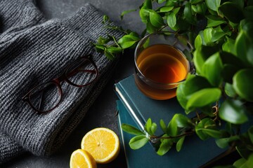 Wellness book tea glasses and journal flat lay photos