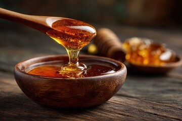 Natural honey flowing into wooden bowl beige and gold