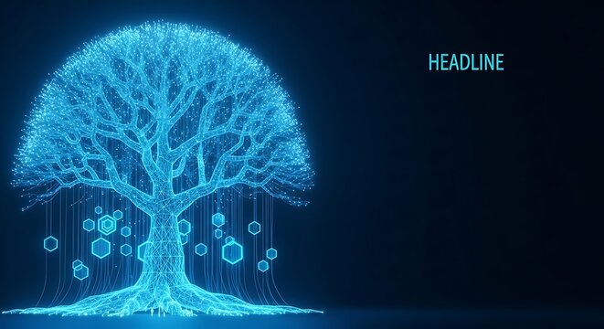 Hyper-detailed 3D render of an abstract cybernetic data tree structure composed of neon blue wireframe and glowing optical fibers against a deep void. - Powered by Adobe