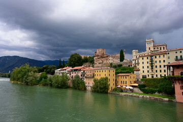 Bassano del Grappa Cityscape or Townscape with Historic Buildings on the Brenta River in Veneto