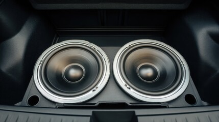 Close-up view of two round subwoofer speakers installed in a car trunk with a black background during daytime