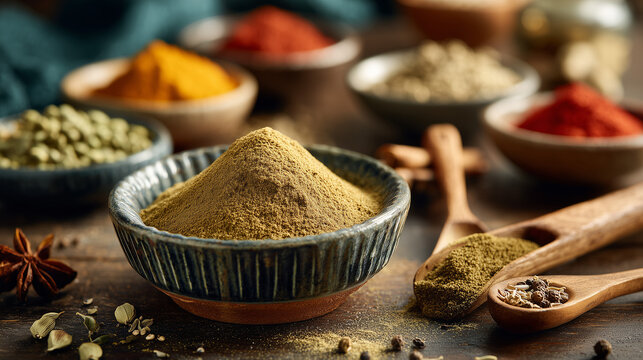Freshly ground cumin powder in a ceramic dish with a wooden spoon surrounded by colorful spices in small bowls bright and airy kitchen setting realistic lighting high resolution textures