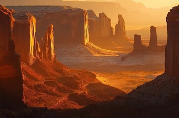 Desert Landscape with Towering Rock Formations at Sunset, Arizona, USA