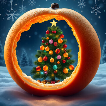 AI Orange Christmas Tale &mdash; Night. A giant hollow orange with a Christmas tree inside, decorated with fruits, glass ornaments and colorful lights, cozy winter evening, sparkling unique snowflakes outsi