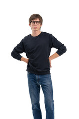 Fototapeta premium Man standing with hands on hips, wearing glasses and casual outfit, isolated on white background. Closeup portrait concept for template or layout