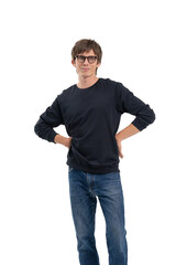 Fototapeta premium Man in casual outfit and glasses standing with hands on hips, realistic photo style, isolated on white background, concept of confidence and casual look