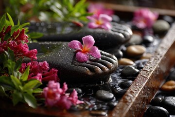 Relaxing foot spa with stones and flower petals images