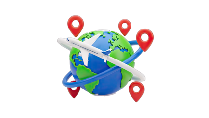Airplane Flying Around the World with Location Markers