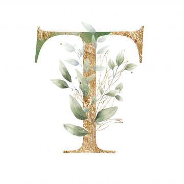 Letter T alphabet initial letter watercolor greenery foliage with line art delicate animation romantic illustrated alpha mask animation golden